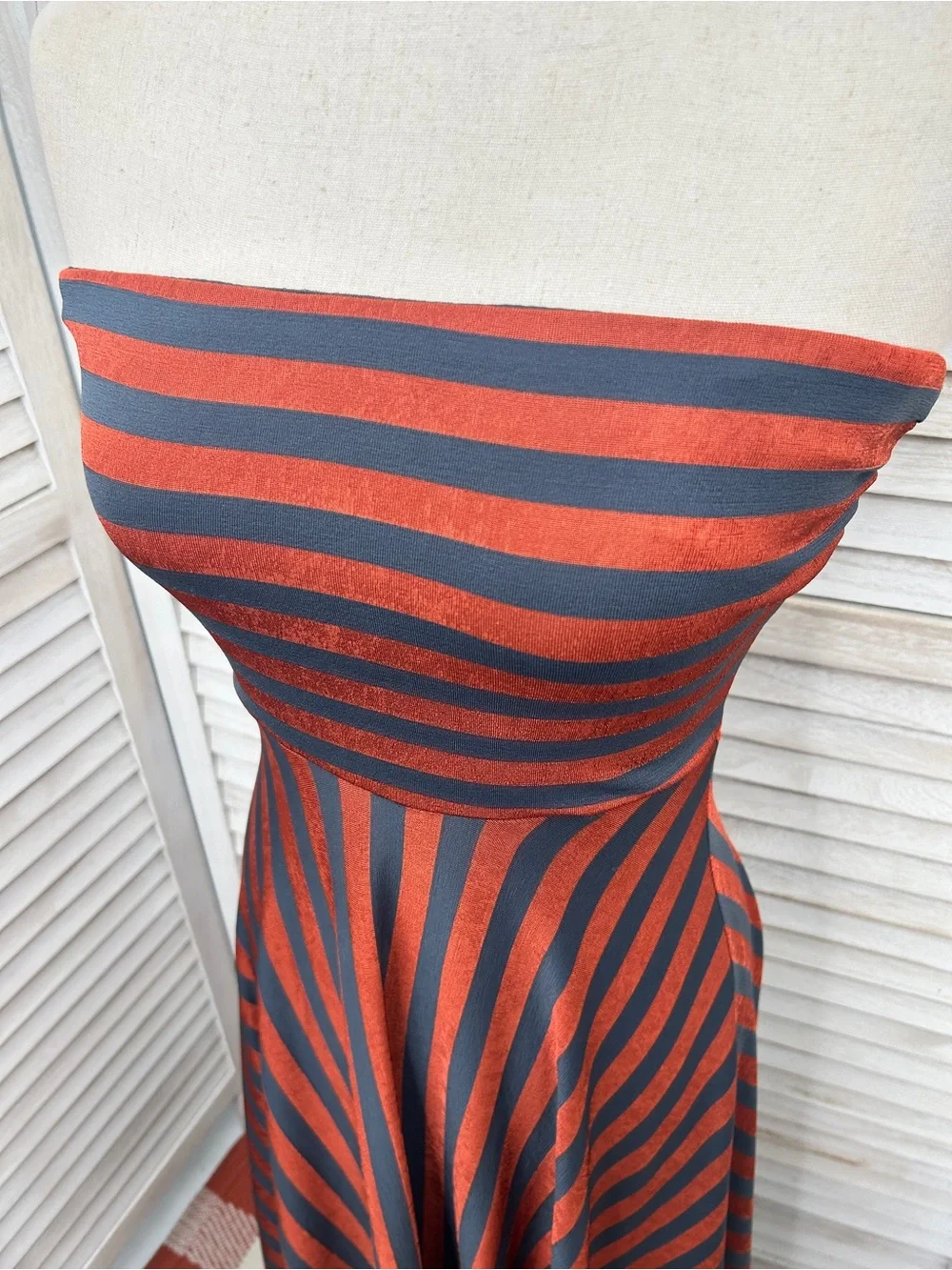 Strapless A-Line Midi Dress in Rust and Navy Stripes